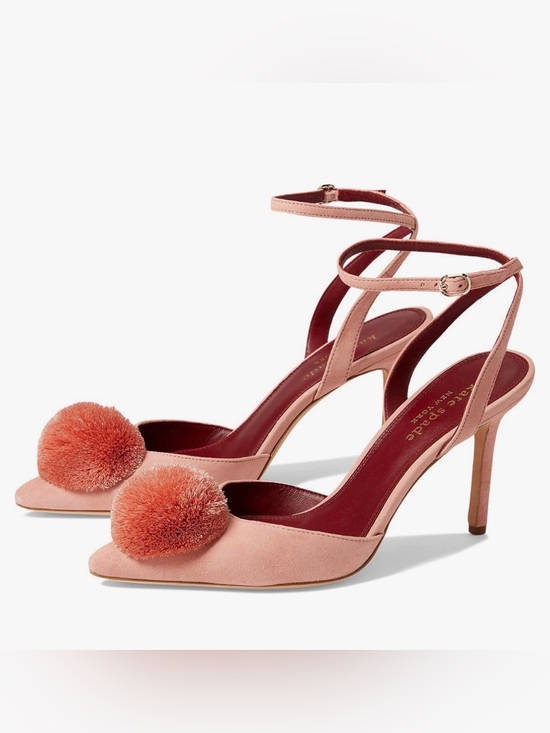 kate spade Shoes - kate spade Coral Pink Suede Pom-Pom Ankle-Strap Heels size 6